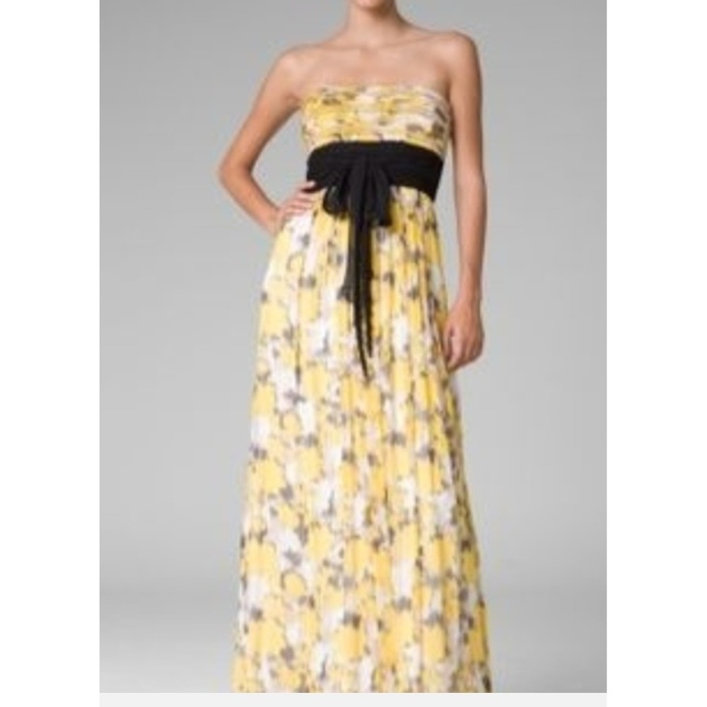 BCBGMAXAZRIA Silk Maxi Dress Gown Yellow Black Floral Feminine Womens Size 0